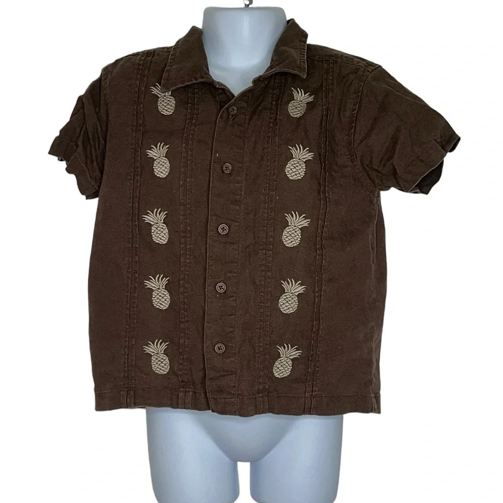 Gymboree toddler boys brown linen blend pineapple hawaiian shirt sz 3T